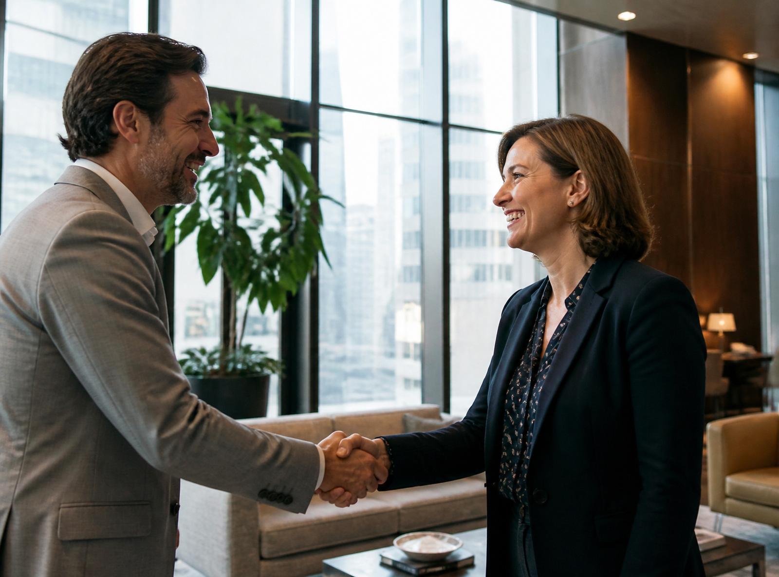 Two professionals shaking hands in a modern office